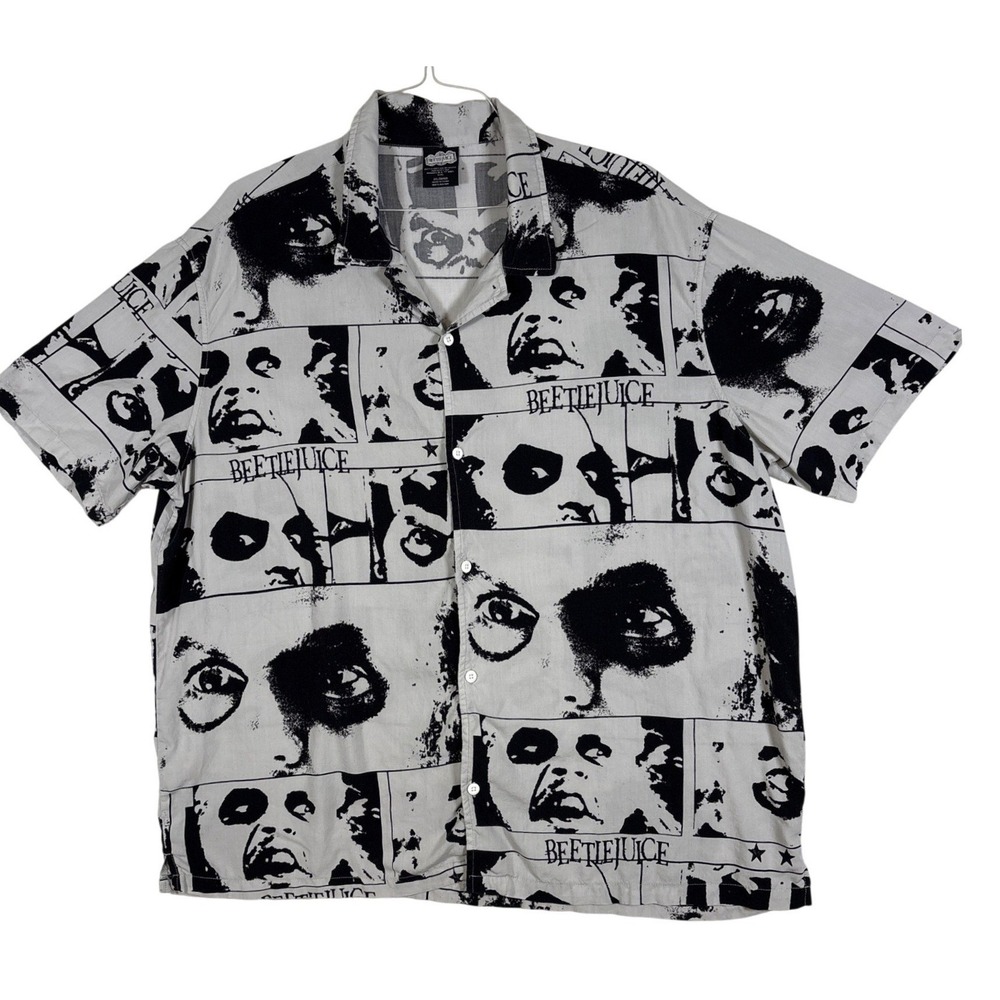 Beetlejuice Mens 2XL Button Up Shirt Black White Rayon Movie Graphic Camp Collar